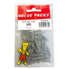 Value Pack 5mm Nylon Wall Plugs 40 Per Pack Value Pack 5mm Nylon Wall Plugs 40 Per Pack